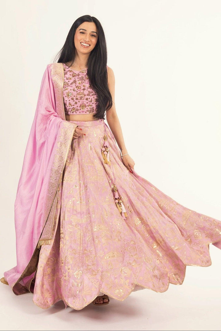 Pink Banarasi Silk Lehenga Choli Set - USA - Raas