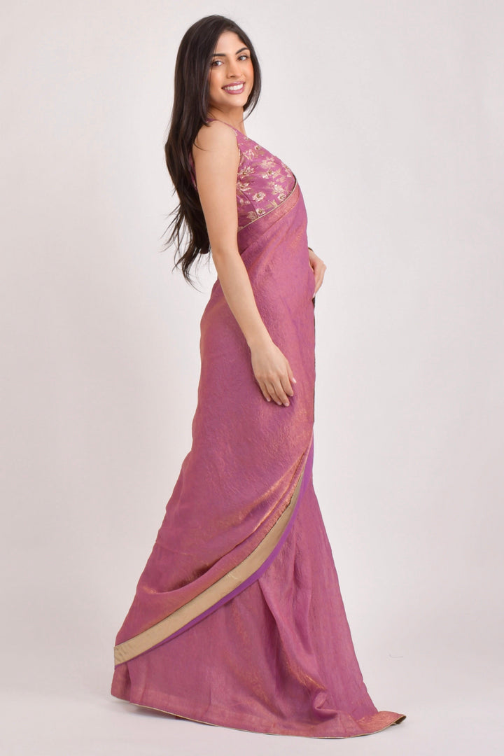 Blush Pink Shimmer Pre draped Saree Hand Embroidered Blouse - Raas