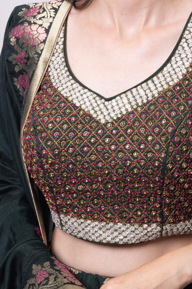 Brenna Green Banarasi Lehenga Choli Set-Raas USA