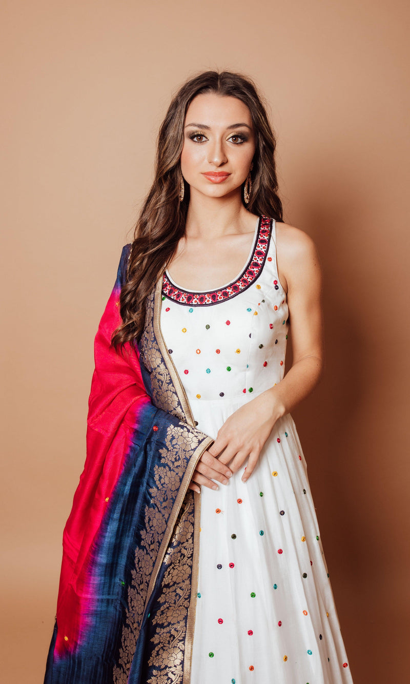 Briar White Anarkali Long Dress: Silk Elegance by Raas USA S / White Briar White Anarkali Long Dress: Silk Elegance by Raas USA S / White