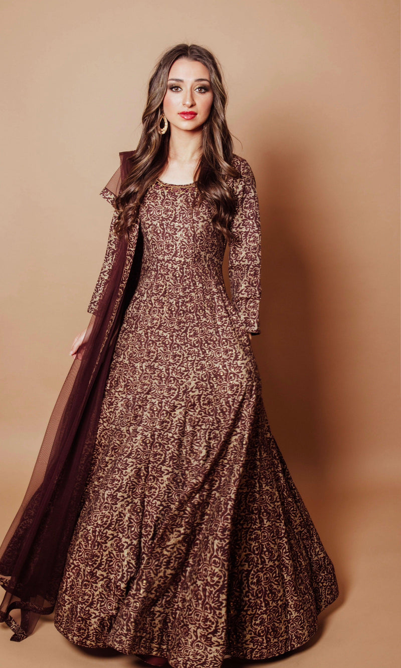 Brown A-Line Gown: Elegant Indian Dress | Raas USA M / Multi Brown A-Line Gown: Elegant Indian Dress | Raas USA M / Multi