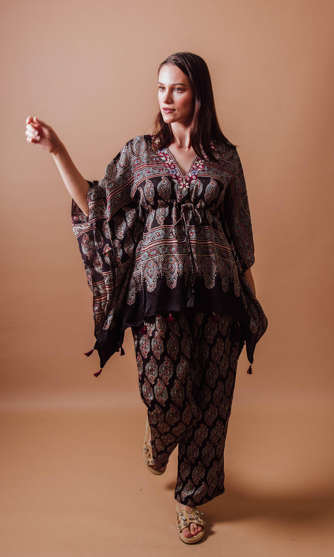 Brown Co-Ord Set with Ajrakh Print-Raas USA