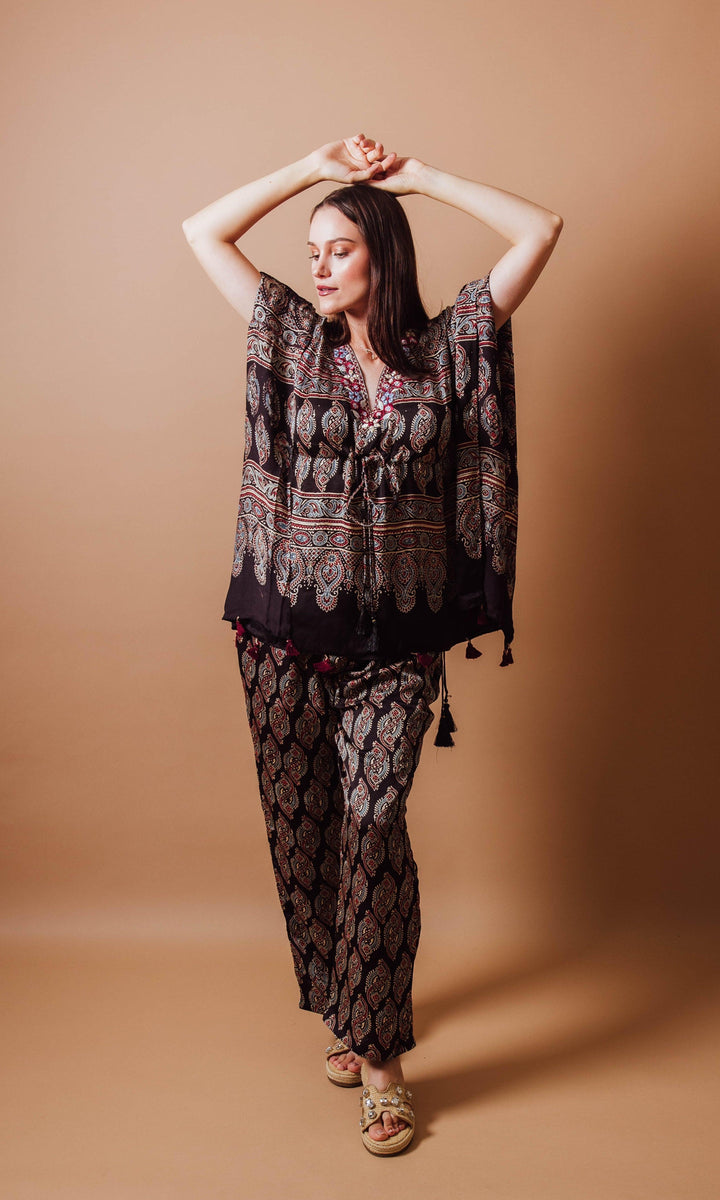 Brown Co-Ord Set with Ajrakh Print-Raas USA