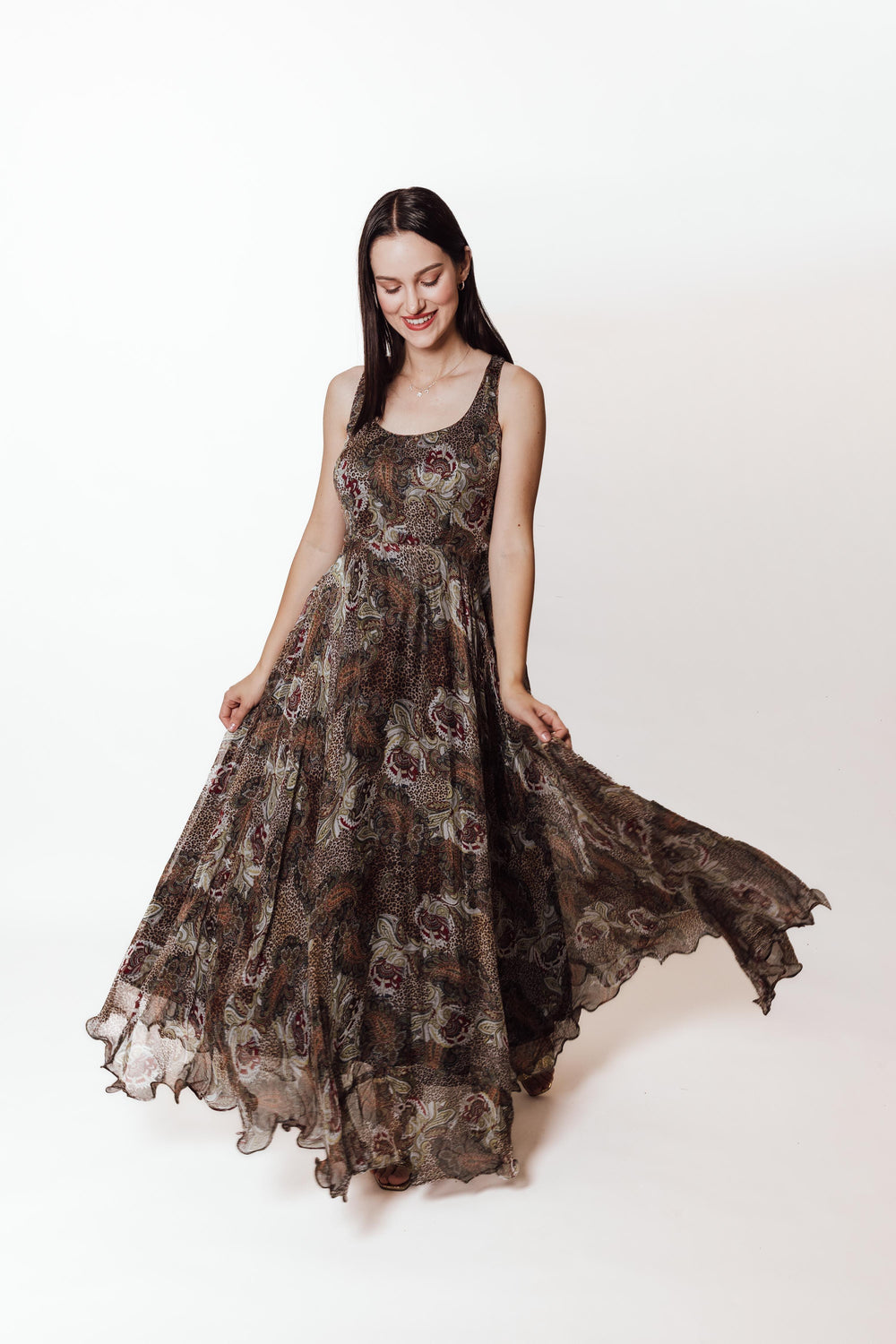 Brown Printed Maxi Dress: Elegant Indian Gown by Raas USA XL / Brown