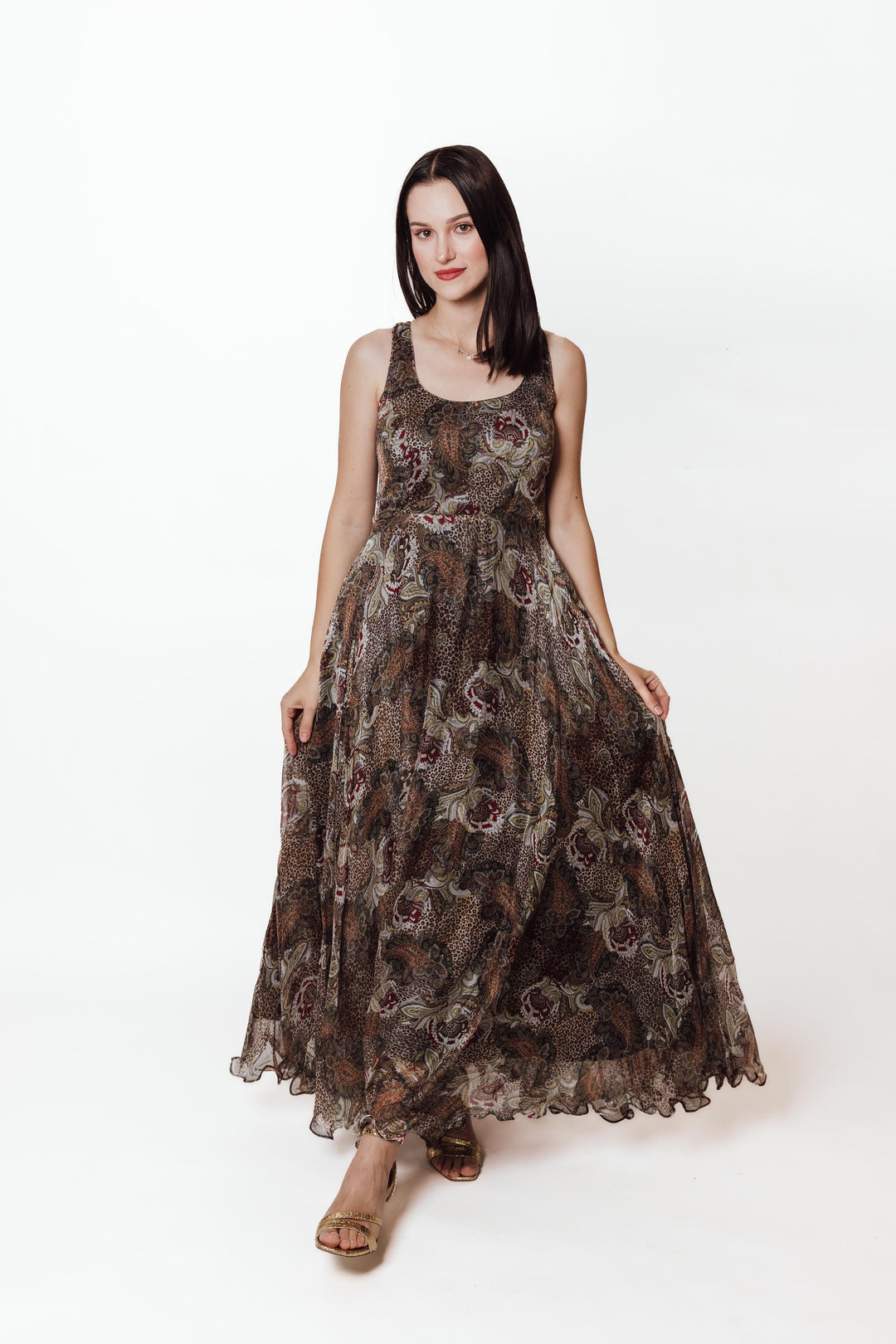 Brown Printed Maxi Dress-Raas USA