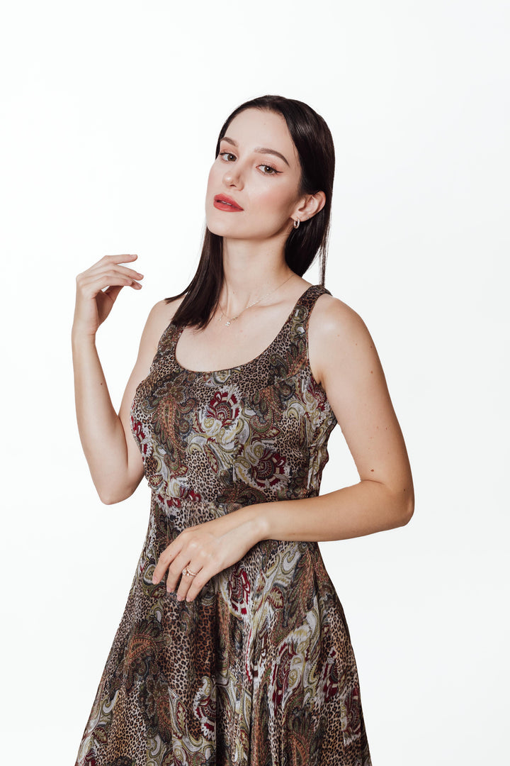 Brown Printed Maxi Dress-Raas USA