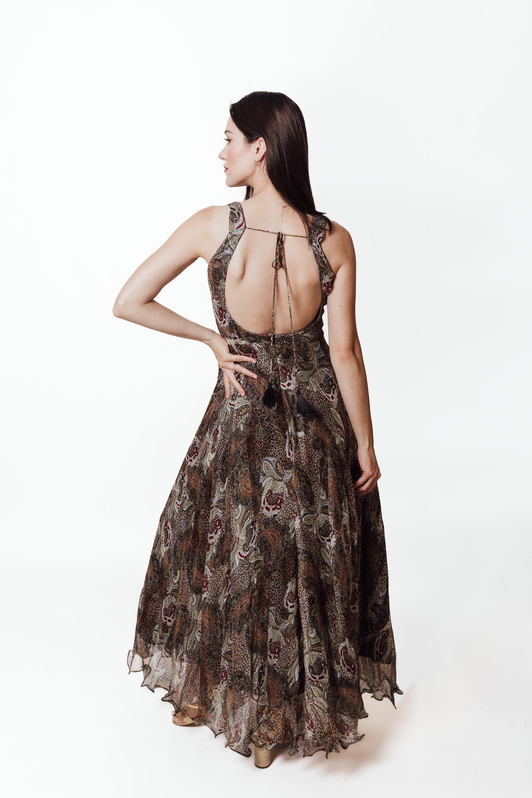 Brown Printed Maxi Dress-Raas USA