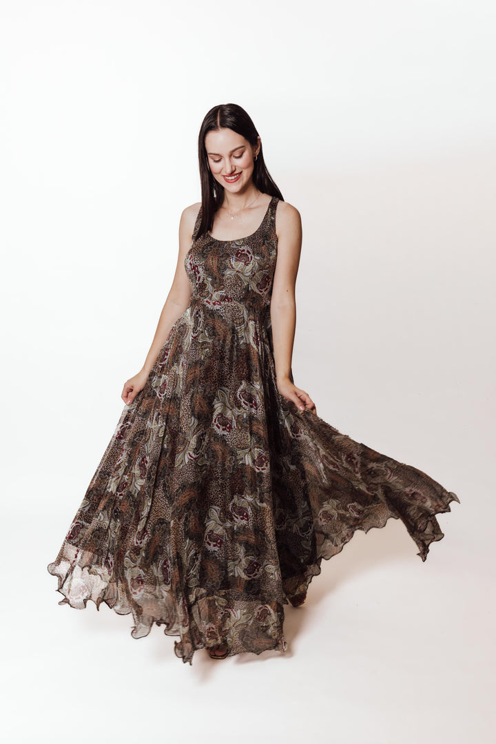 Brown Printed Maxi Dress-Raas USA