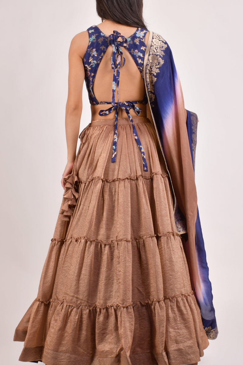 Brownish Gold Tiered Lehenga Choli Set-[comfort-first-design]-[lightweight]-Raas