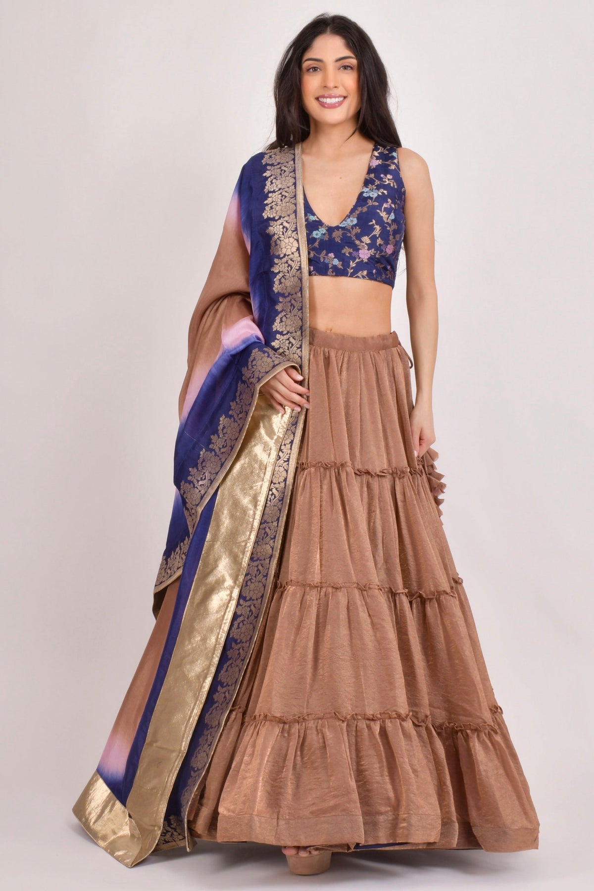 Brownish Gold Tiered Lehenga Choli Set-[comfort-first-design]-[lightweight]-Raas