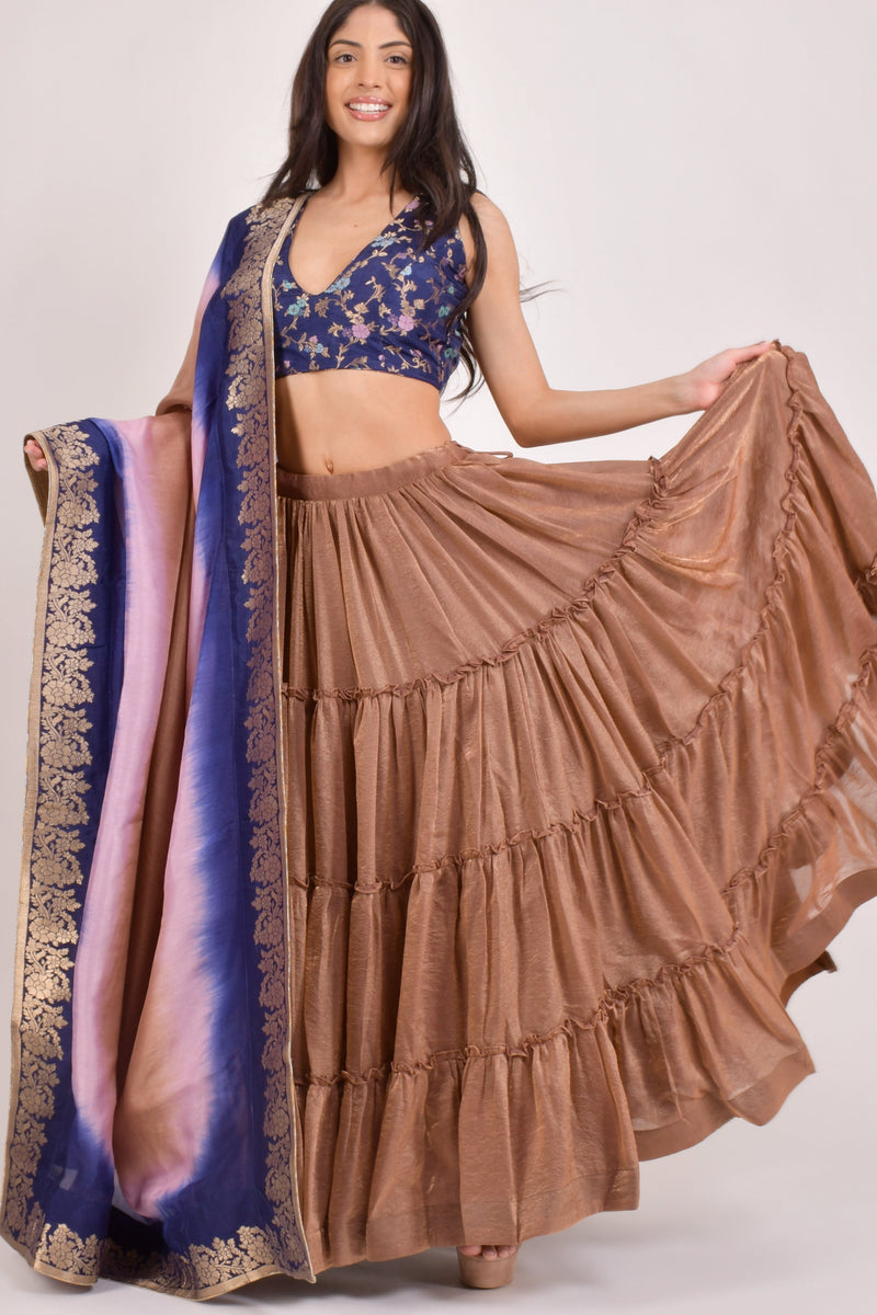 Brownish Gold Tiered Lehenga Choli Set-[comfort-first-design]-[lightweight]-Raas