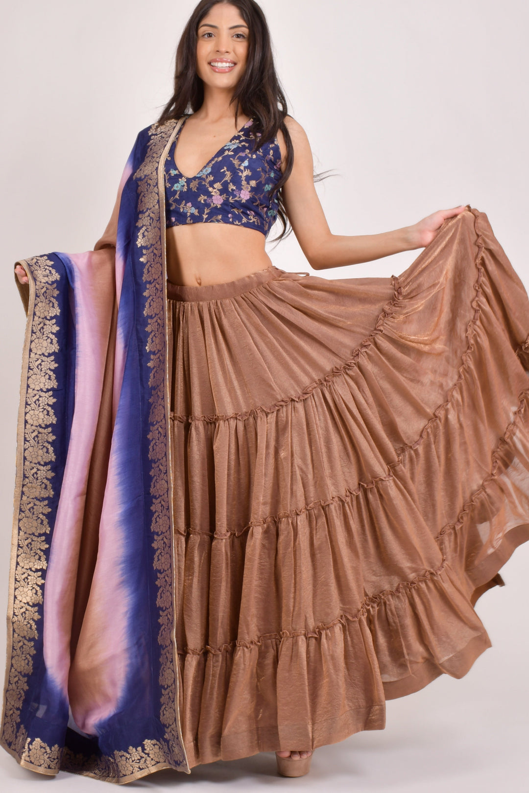 Brownish Gold Tiered Lehenga Choli Set-Raas USA