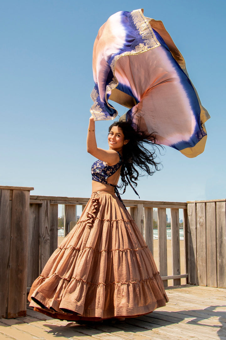 Brownish Gold Tiered Lehenga Choli Set-Raas USA