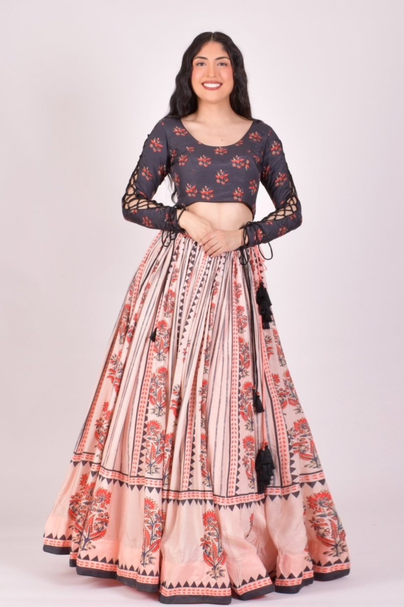 Peach Kalamkari Print Chaniya Choli With Block Print Dupatta