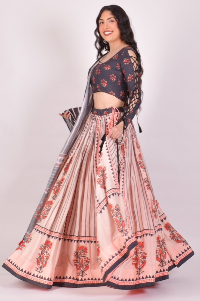 Peach Kalamkari Print Chaniya Choli With Block Print Dupatta