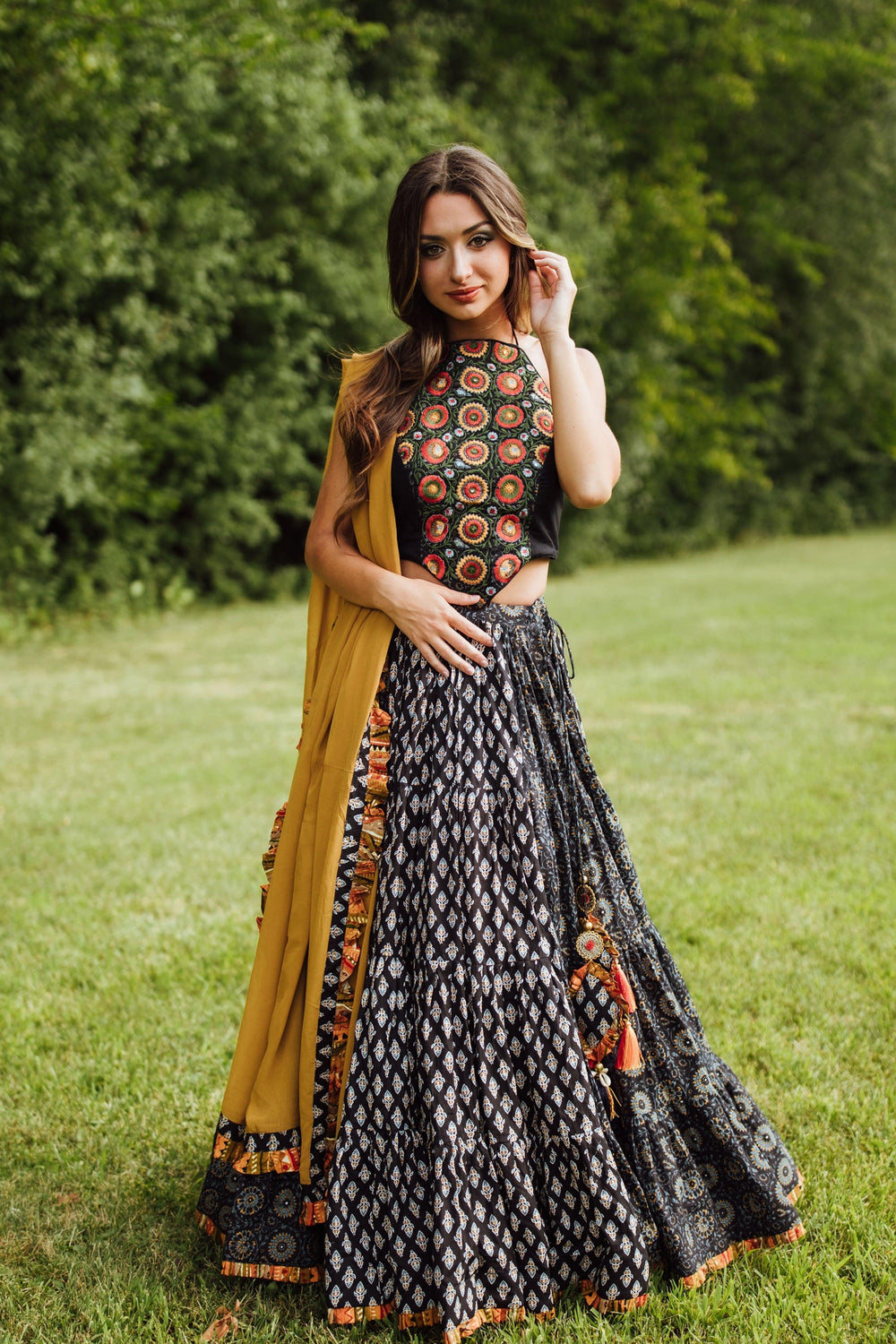 Blue full flare chaniya choli with embroidered blouse, mustard dupatta, perfect for Navratri & Garba.