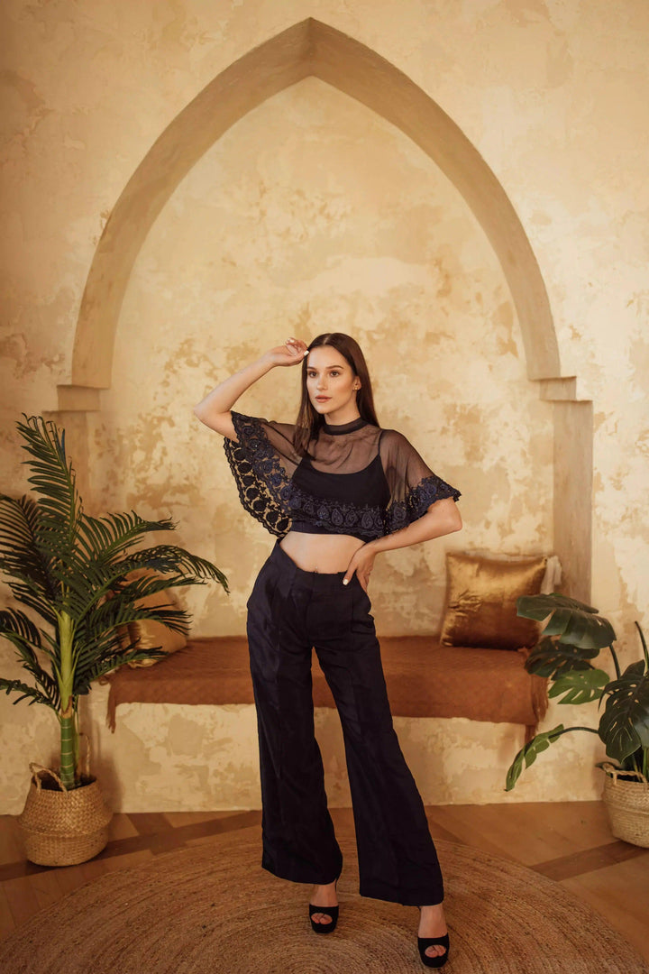 Camilla Navy Pant Set with Cape Drape-Raas