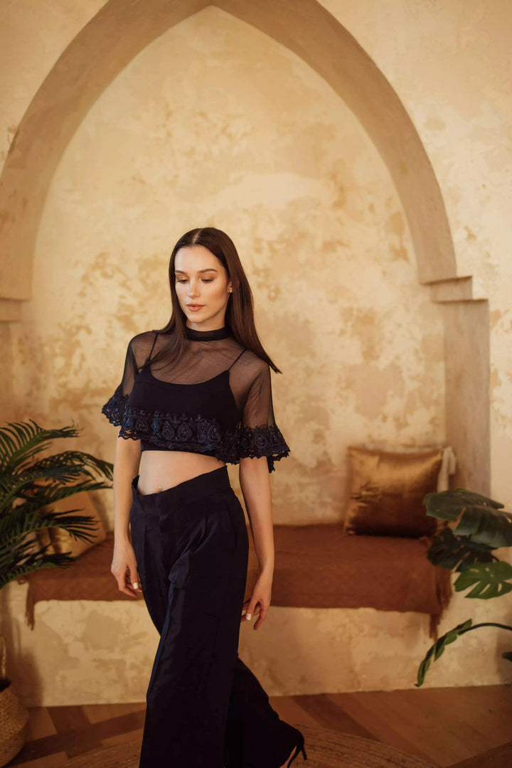 Camilla Navy Pant Set with Cape Drape-Raas