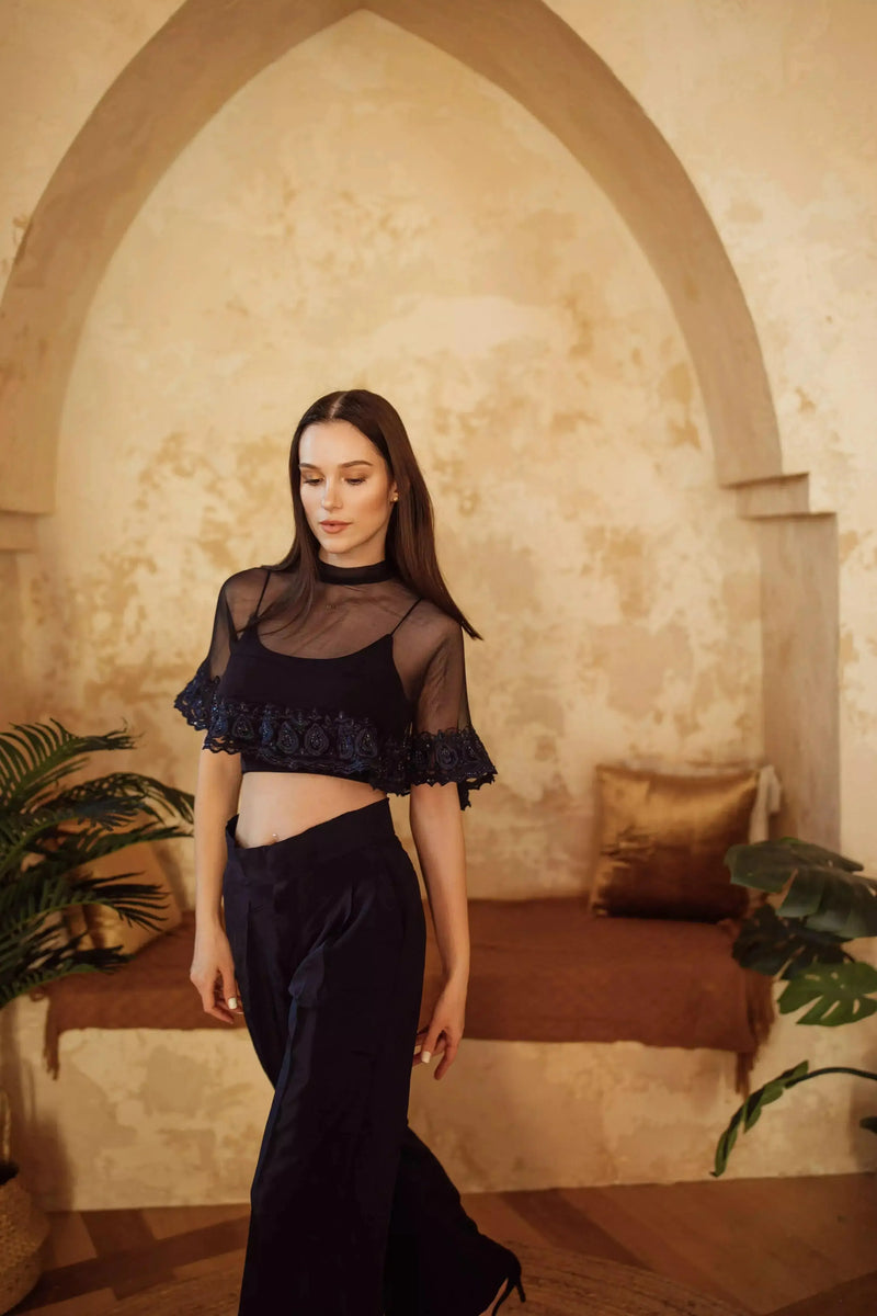 Camilla Navy Pant Set with Cape Drape-Raas