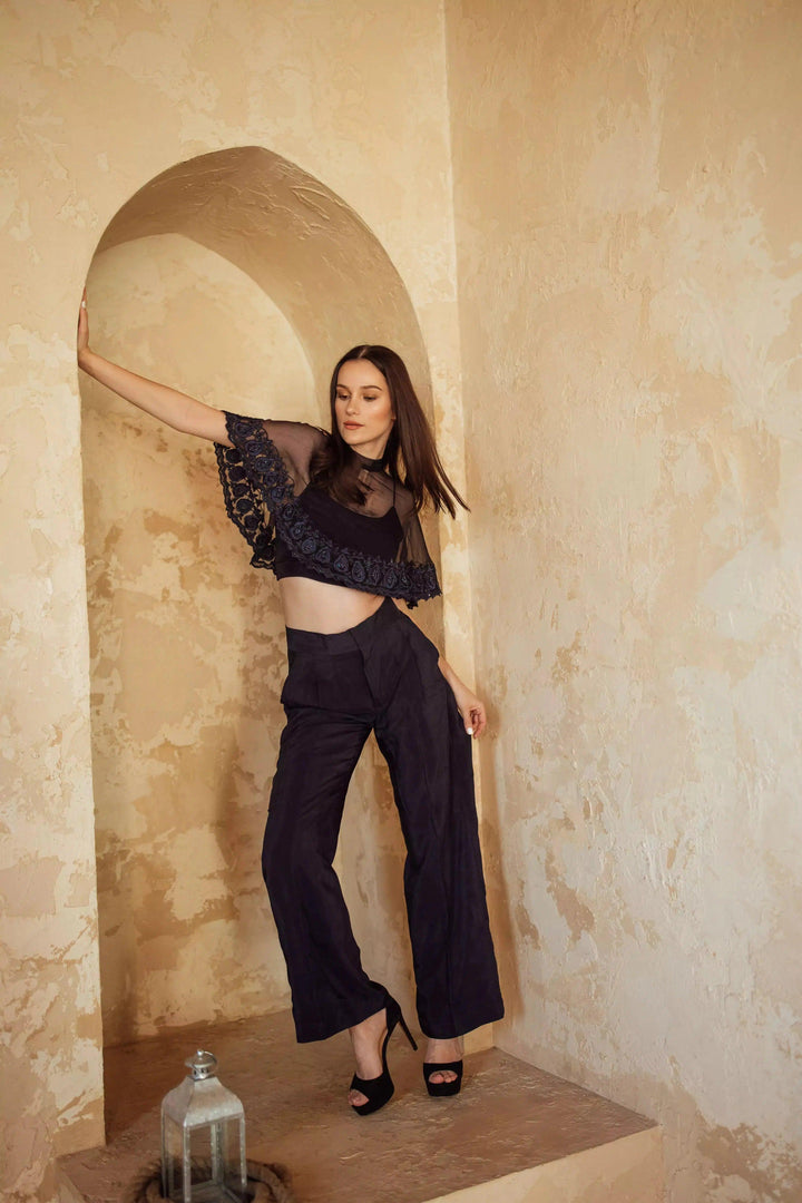 Camilla Navy Pant Set with Cape Drape-Raas