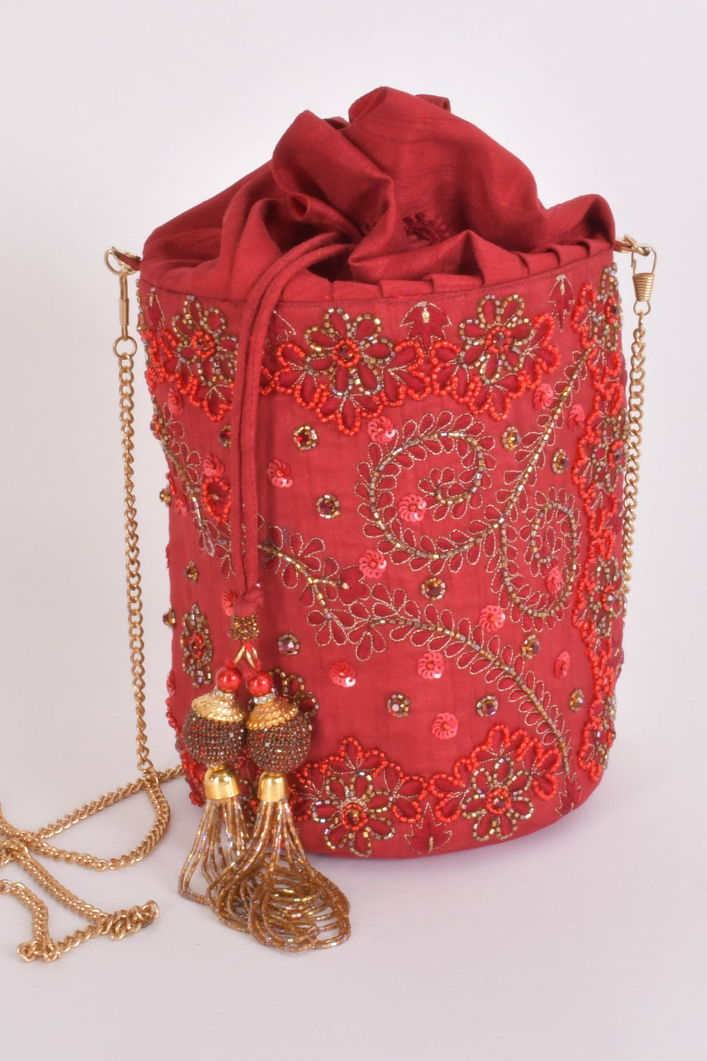 Carmella Red & Gold Embroidered Bucket Bag BAGS RAAS