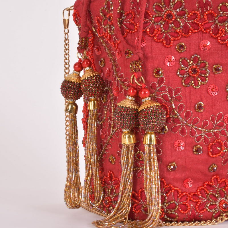 Carmella Red & Gold Embroidered Bucket Bag BAGS RAAS