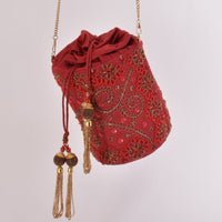 Carmella Red & Gold Embroidered Bucket Bag BAGS RAAS