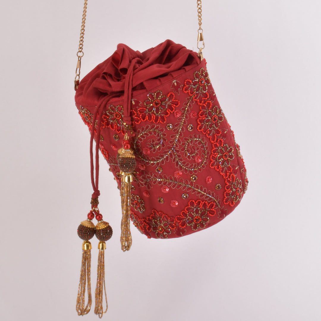 Carmella Red & Gold Embroidered Bucket Bag