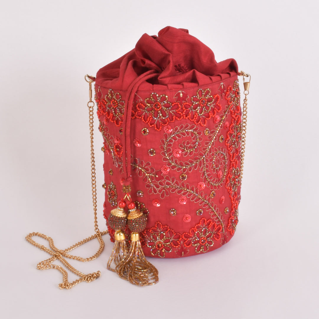 Carmella Red & Gold Embroidered Bucket Bag 