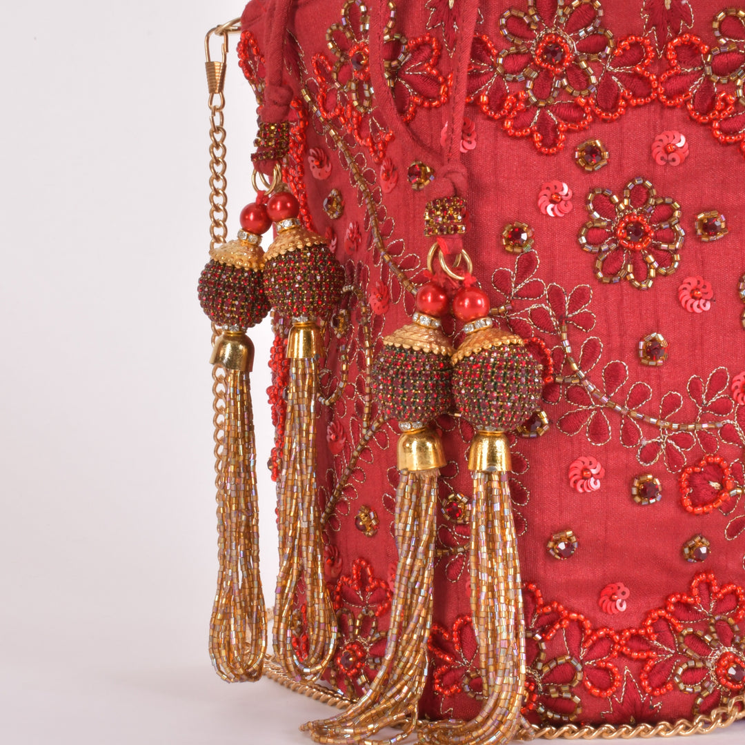 Carmella Red & Gold Embroidered Bucket Bag