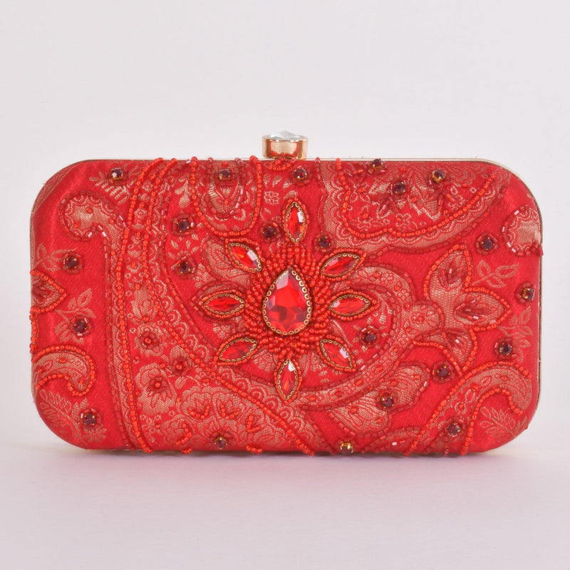 Cerise Hand Embroidered Pearl Red Clutch BAGS RAAS