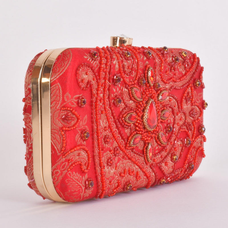 Cerise Hand Embroidered Pearl Red Clutch BAGS RAAS
