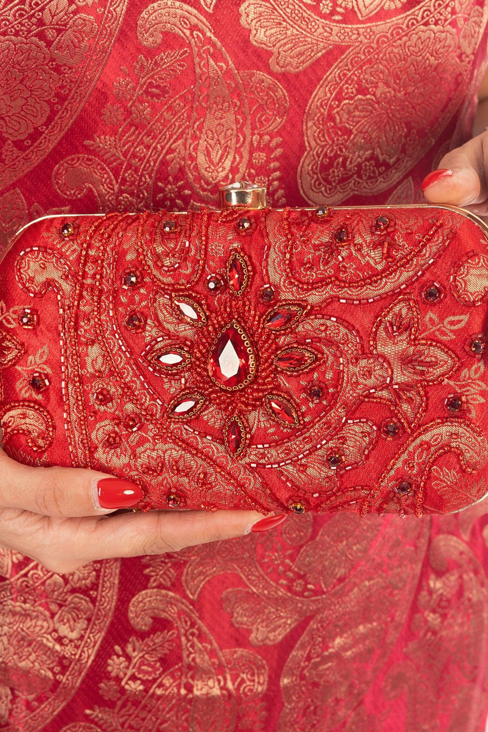 Cerise Hand Embroidered Pearl Red Clutch BAGS RAAS
