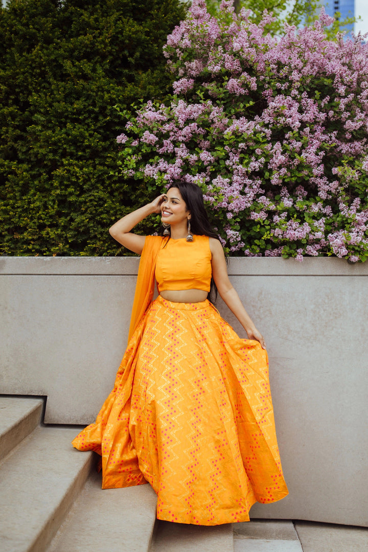 Aliza Yellow Lehenga with Silk Sleeveless Blouse-[lehenga choli]-[chaniya choli]