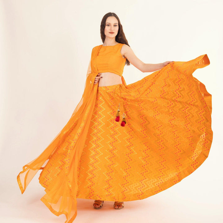 Aliza Yellow Lehenga with Silk Sleeveless Blouse - Raas