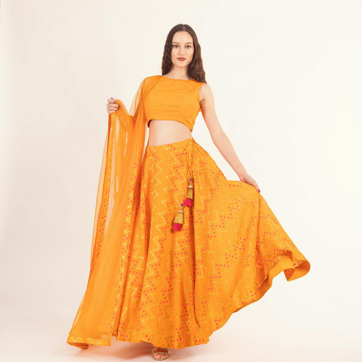 Aliza Yellow Lehenga with Silk Sleeveless Blouse - Raas