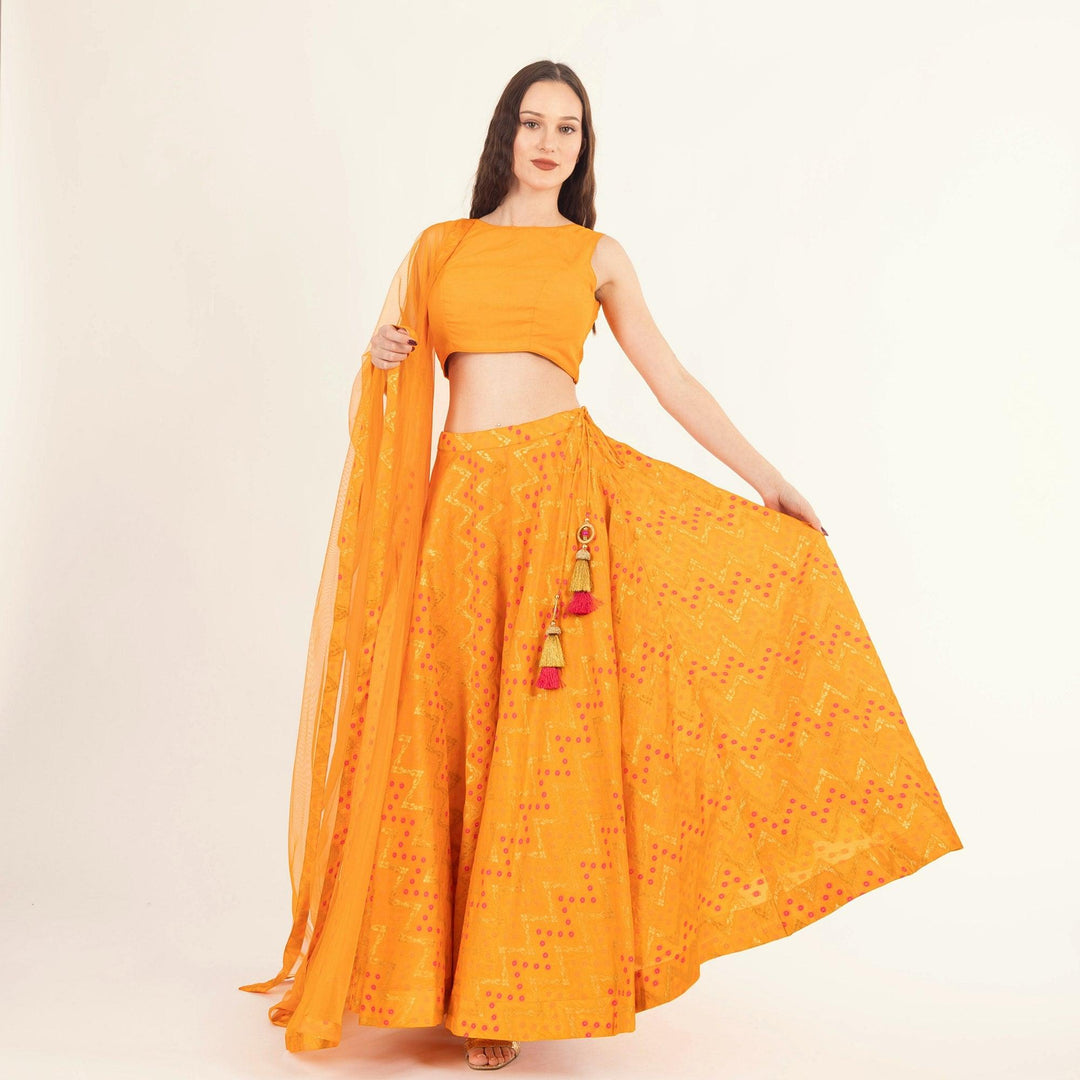 Aliza Yellow Lehenga with Silk Sleeveless Blouse - Raas