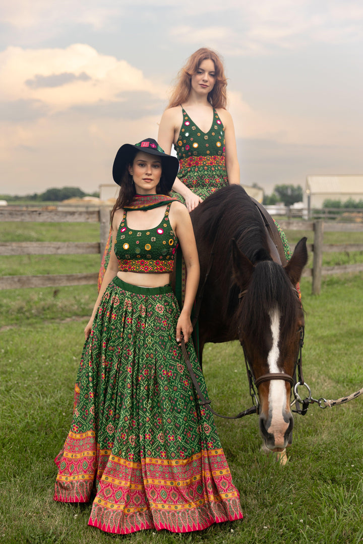 Eliz Green Patola Print Green Chaniya Choli with Mirror Work - Raas