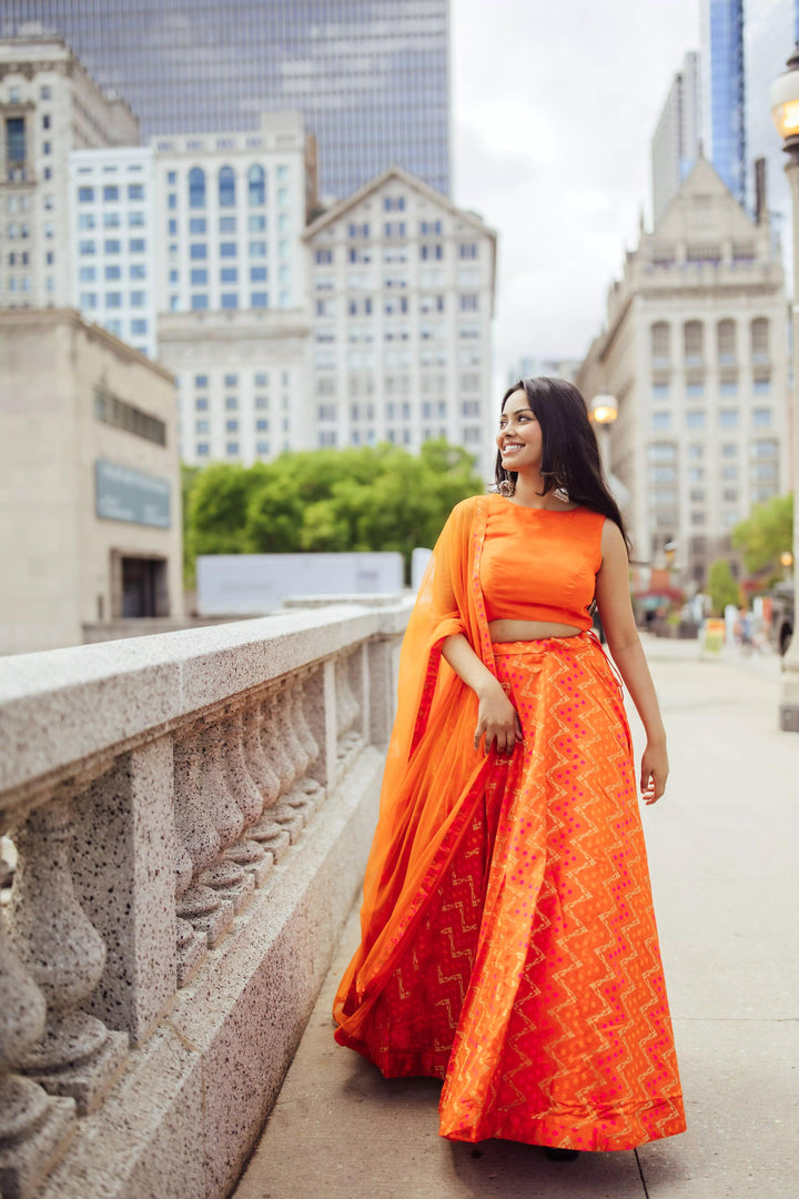Juniper Clementine Orange Lehenga with Tie Back Blouse-[lehenga choli]-[chaniya choli]