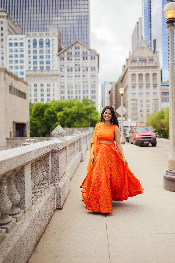 Juniper Clementine Orange Lehenga with Tie Back Blouse-[lehenga choli]-[chaniya choli]