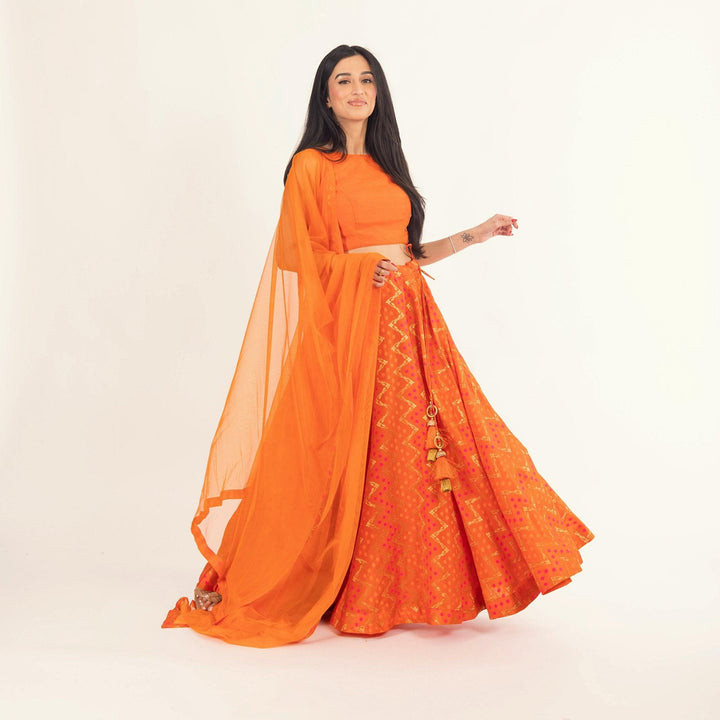 Juniper Clementine Orange Lehenga with Tie Back Blouse - Raas