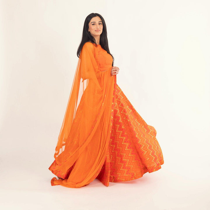 Juniper Clementine Orange Lehenga with Tie Back Blouse - Raas