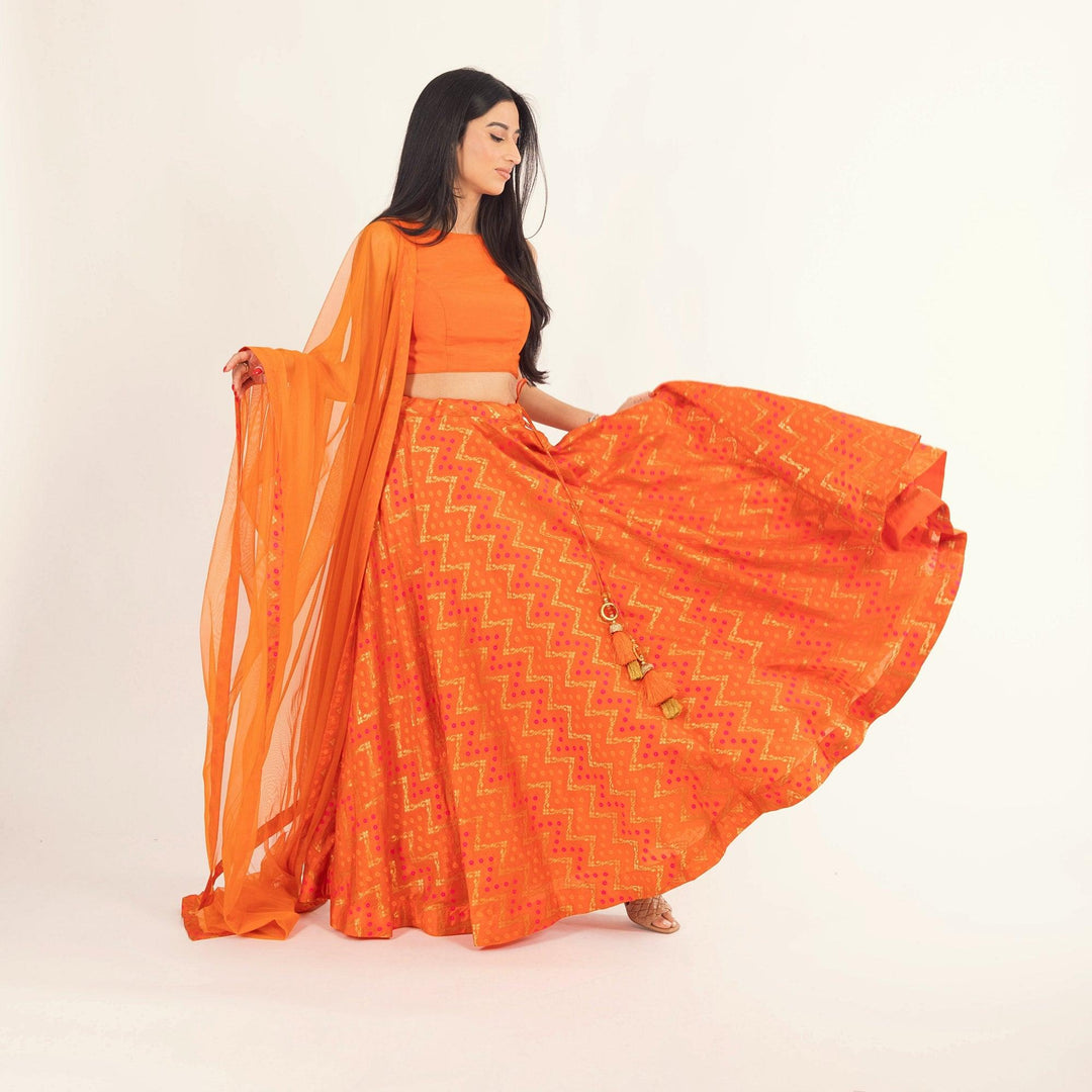 Juniper Clementine Orange Lehenga with Tie Back Blouse - Raas