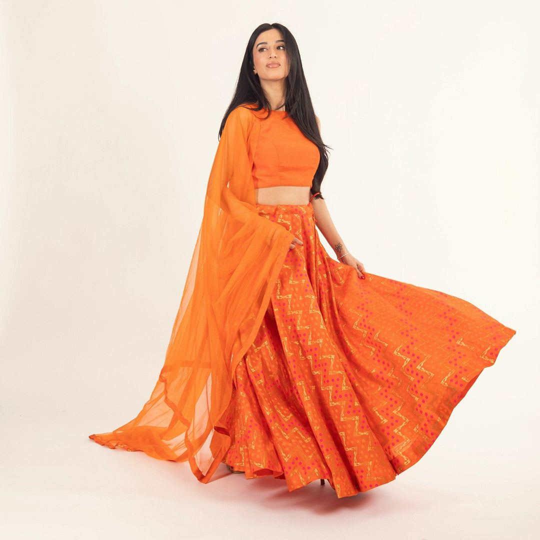 Juniper Clementine Orange Lehenga with Tie Back Blouse - Raas