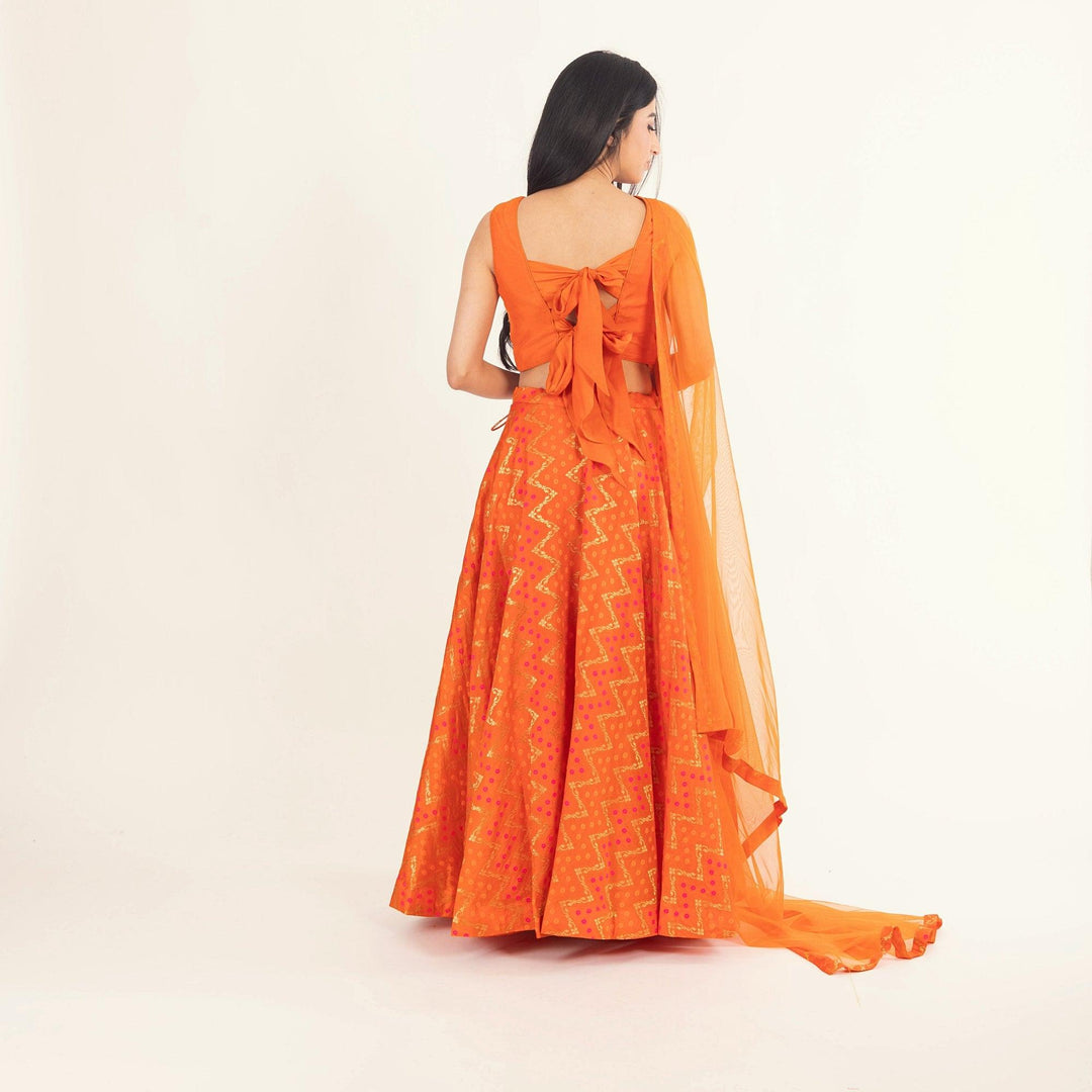 Juniper Clementine Orange Lehenga with Tie Back Blouse - Raas