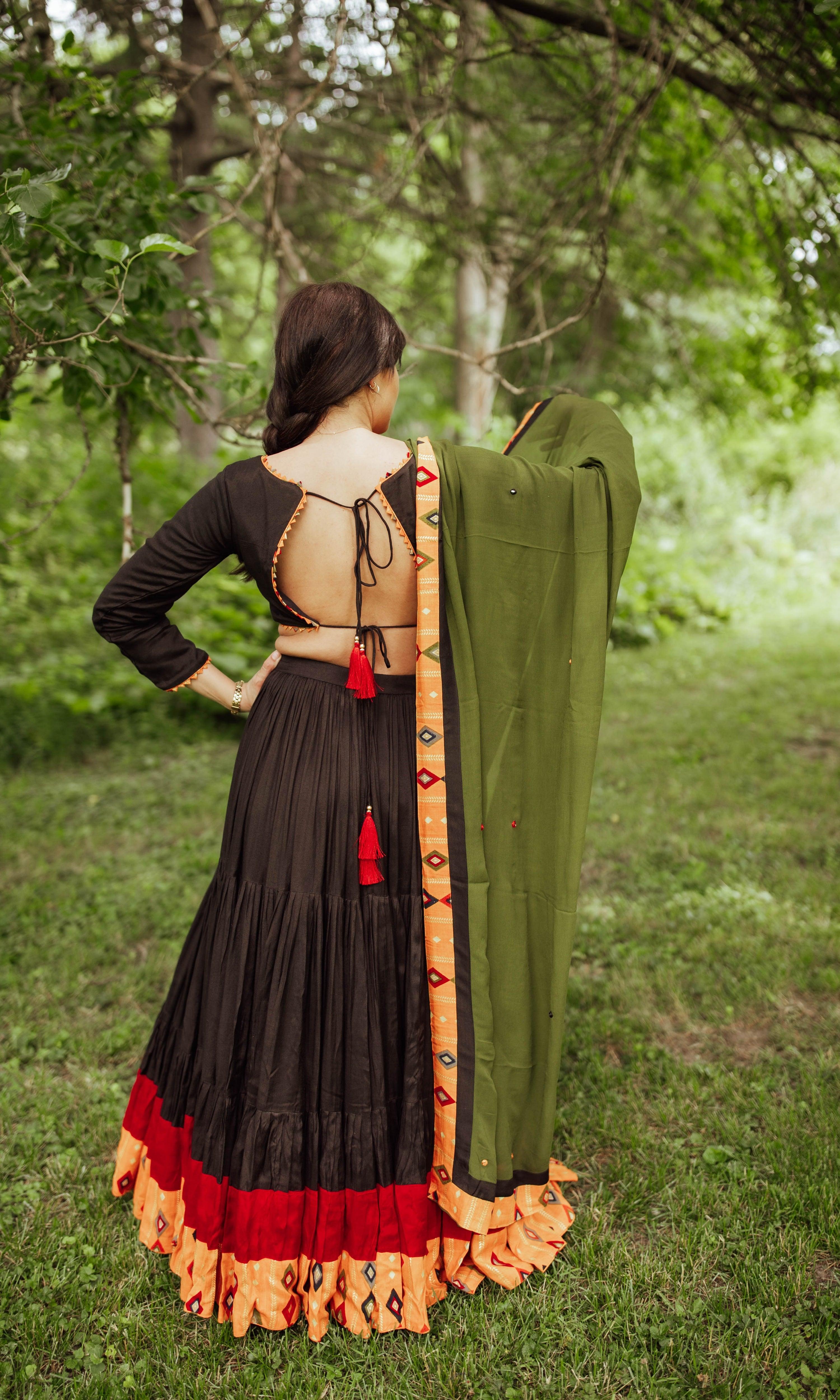 Black Red Flared lehenga with Green Dupatta 8074294821122