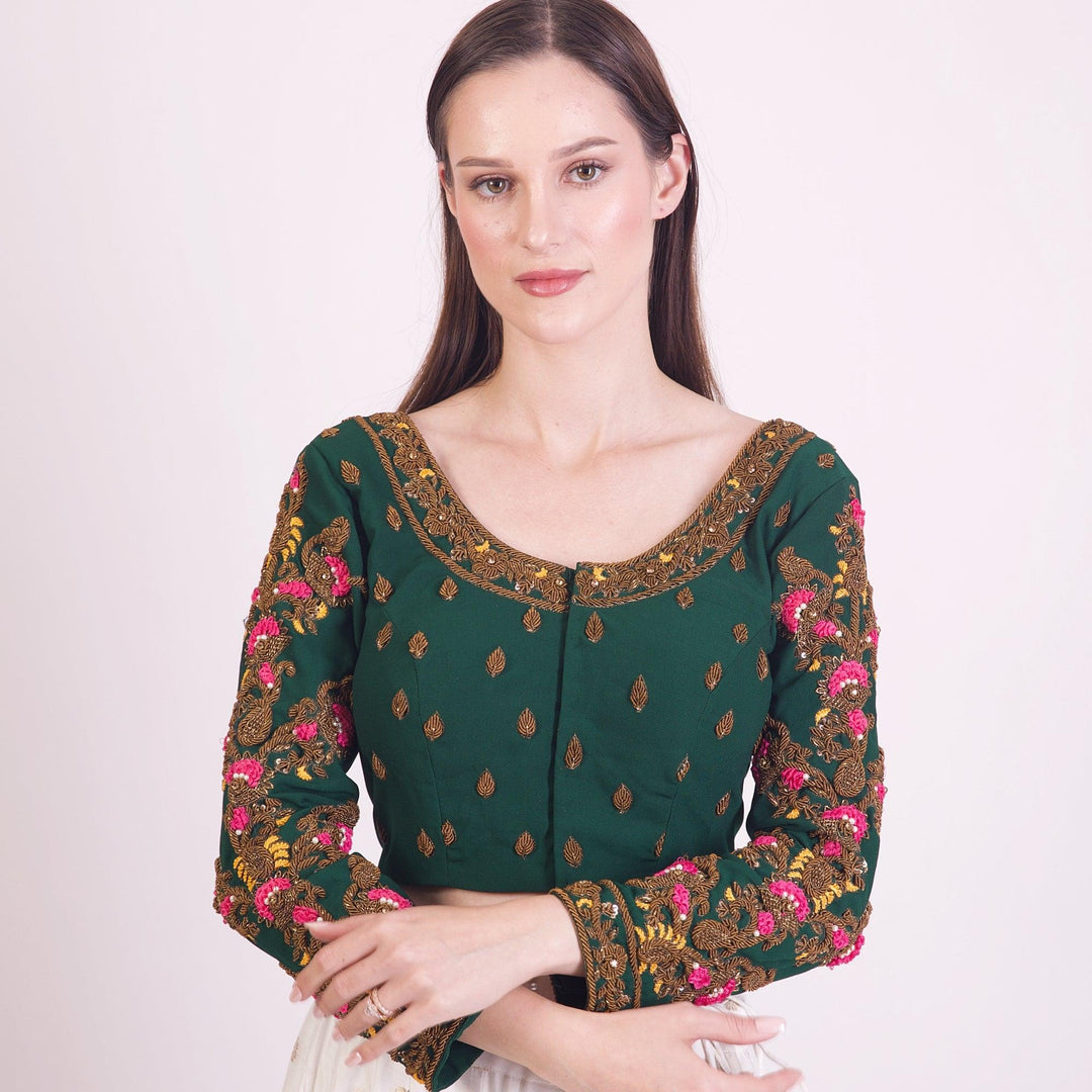 Charlotte Green Floral Embroidered Blouse-Raas USA