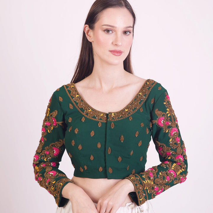 Charlotte Green Floral Embroidered Blouse-Raas USA