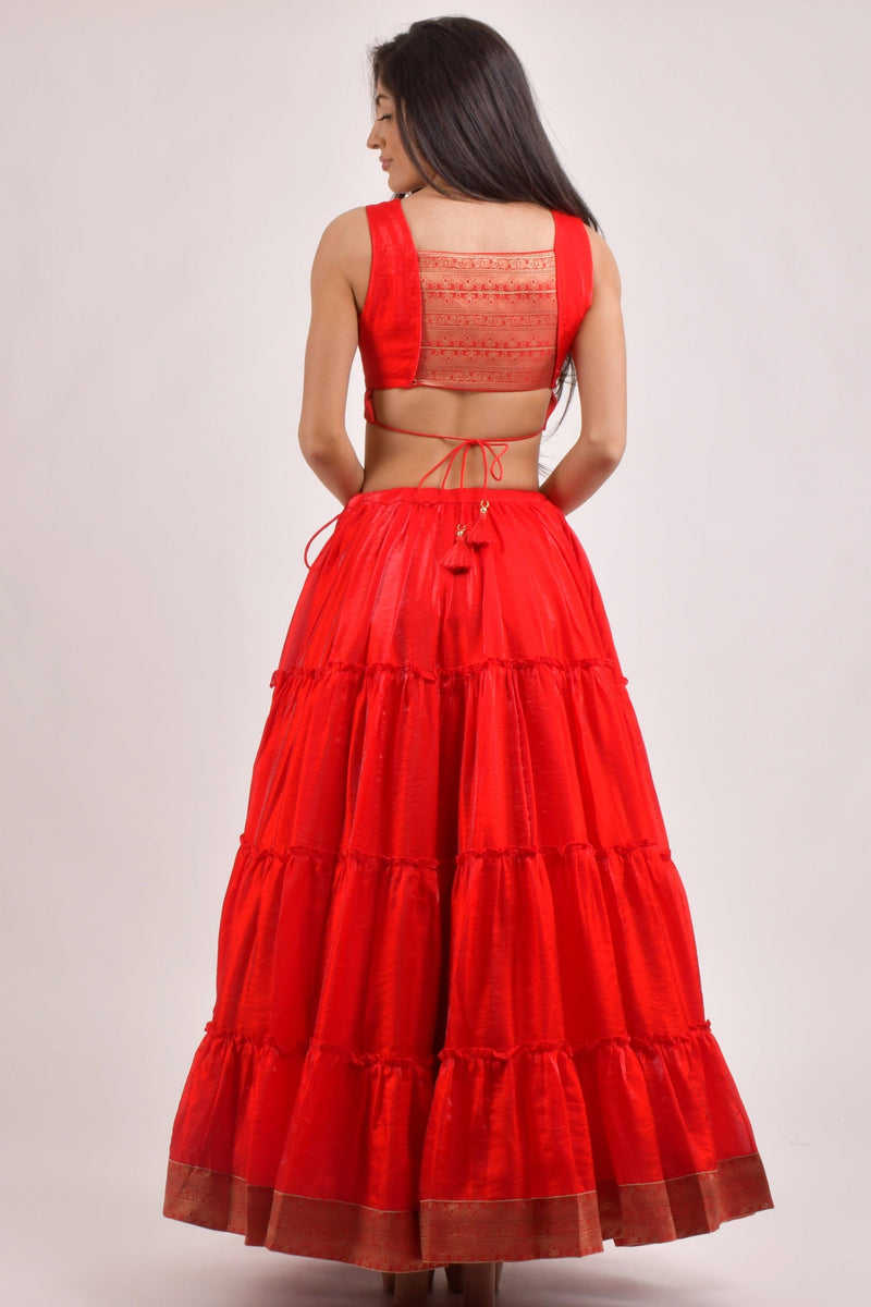 Cherrie Red Tiered Shimmer Lehenga Choli-[comfort-first-design]-[lightweight]-Raas