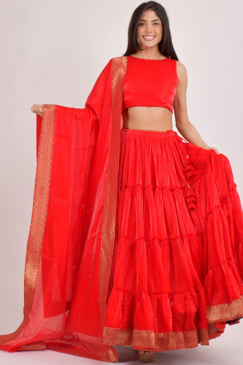 Cherrie Red Tiered Shimmer Lehenga Choli-[comfort-first-design]-[lightweight]-Raas